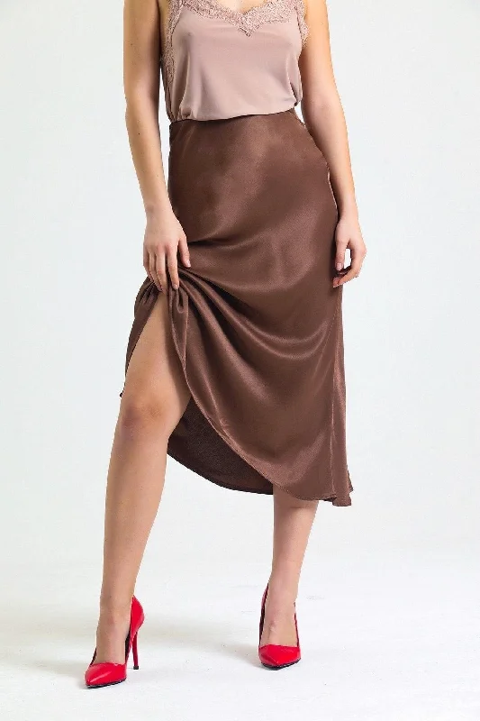 Summer Sidewalk Viscose Satin Fabric Midi Length Skirt -brown denim skirt fashionable