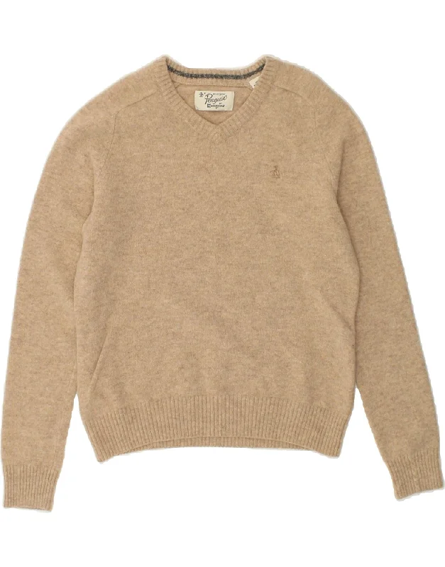 PENGUIN Womens V-Neck Jumper Sweater UK 14 Medium Beige Wool Denim Fabric Leather Fabric Suede Fabric PENGUIN Womens V-Neck Jumper Sweater UK 14 Medium Beige Wool Denim Fabric Leather Fabric Suede Fabric