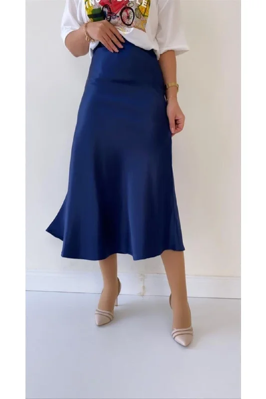 Navy Blue Satin Skirt elastic waist skirt