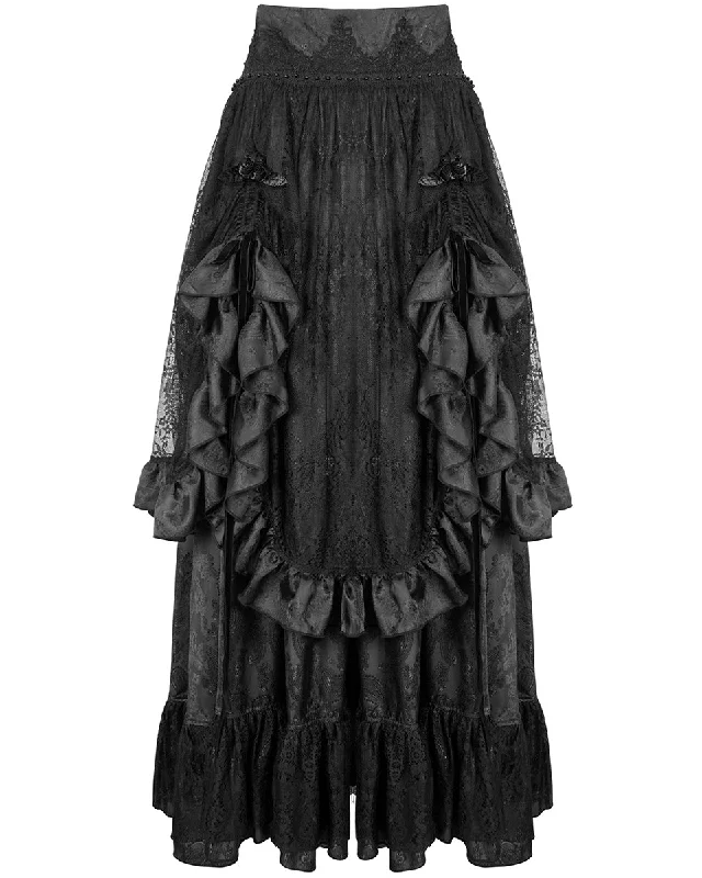 Devil Fashion Womens Long Gothic Jacquard & Lace Bustle Maxi Skirt - Black low waist skirt