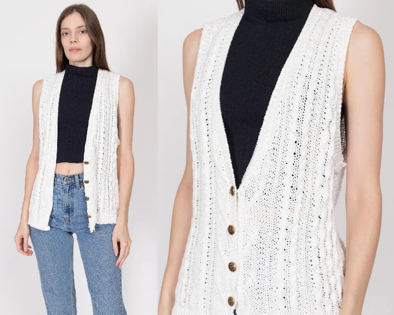 Medium 80s White Cotton Cable Knit Sweater Vest Real Fur Shearling Chenille