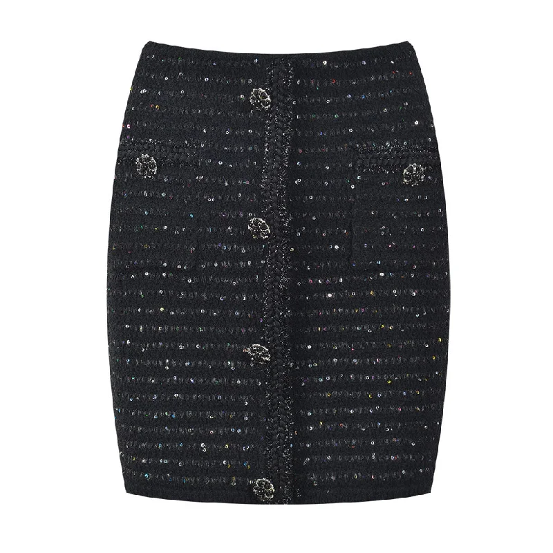 Sparkly Crystal Button High Waist Patch Pocket Bodycon Sequin Knit Mini Skirt a-line skirt cut