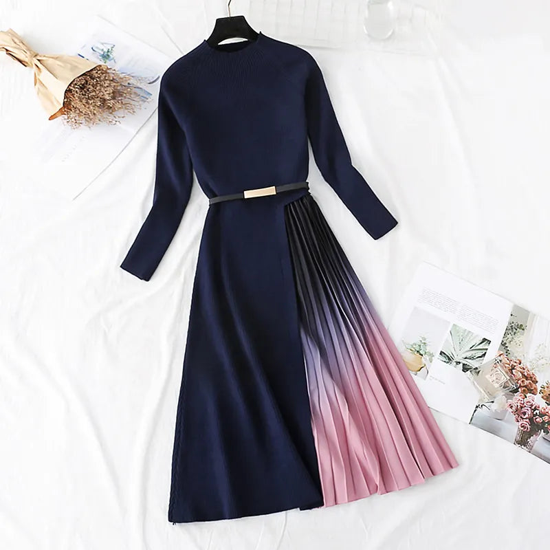 Autumn Winter Elegant Knitted Patchwork Gradient Print Pleated Dress Women Long Sleeve Office One-Piece Sweater Dress With Belt Turtle Neck Boat Neck Asymmetrical Neck Autumn Winter Elegant Knitted Patchwork Gradient Print Pleated Dress Women Long Sleeve Office One-Piece Sweater Dress With Belt Turtle Neck Boat Neck Asymmetrical Neck