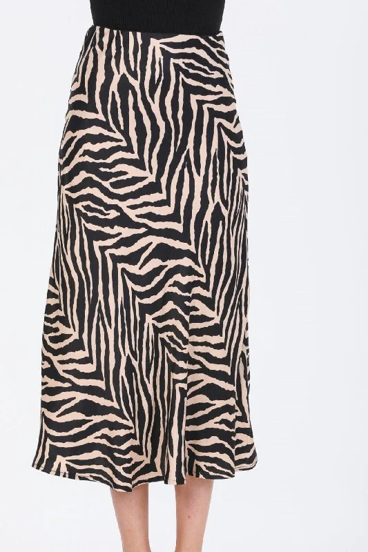 Dense Zebra Pattern Viscose Satin Midi Length Skirt - Black Beige leather skirt durable Dense Zebra Pattern Viscose Satin Midi Length Skirt - Black Beige leather skirt durable