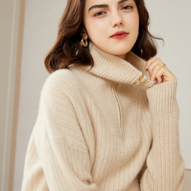 Women's 100% Pure Cashmere Sweater Half Turtleneck Autumn and Winter Zip Half Open Collar Warm Cashmere Sweater Real Fur Shearling Chenille