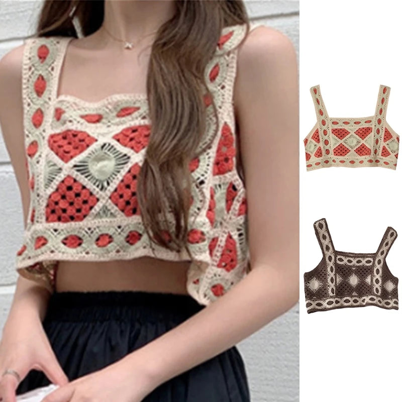L5YC Women Summer Bohemian Knitted Crop Tank Top Hollow Out Crochet Geometric Pattern Camisole Vintage Sleeveless Beach Vest cropped tank top L5YC Women Summer Bohemian Knitted Crop Tank Top Hollow Out Crochet Geometric Pattern Camisole Vintage Sleeveless Beach Vest cropped tank top