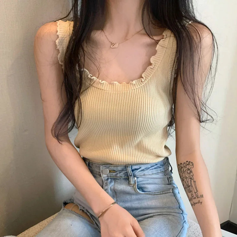 Sexy Slim Knitted Tank Tops Women Ribbed Sleeveless Summer Casual Woman Spaghetti Camisole Top White 2021 Korean Women Clothes charcoal tank top