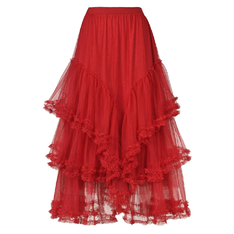 Fairy Ruched High Waist Stringy Selvedge Trim Ruffled Tiered Tulle Midi Skirt leather skirt bold