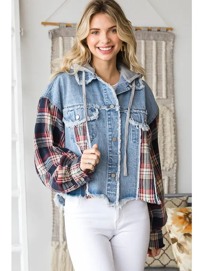 Navy Plaid Denim Hoodie Hoodie with Lace Feminine Delicate