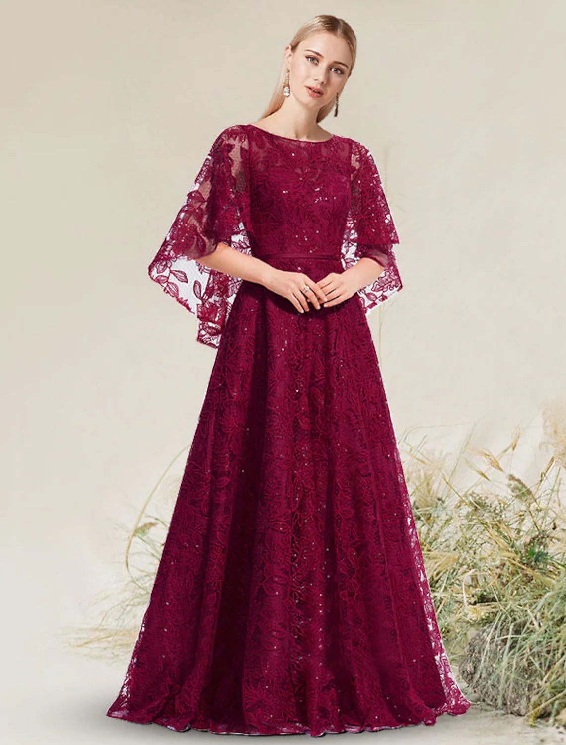 A-Line Elegant Floral Wedding Guest Formal Evening Birthday Dress Jewel Neck Short Sleeve Floor Length Lace with Appliques Square Neckline Feminine A-Line Elegant Floral Wedding Guest Formal Evening Birthday Dress Jewel Neck Short Sleeve Floor Length Lace with Appliques Square Neckline Feminine