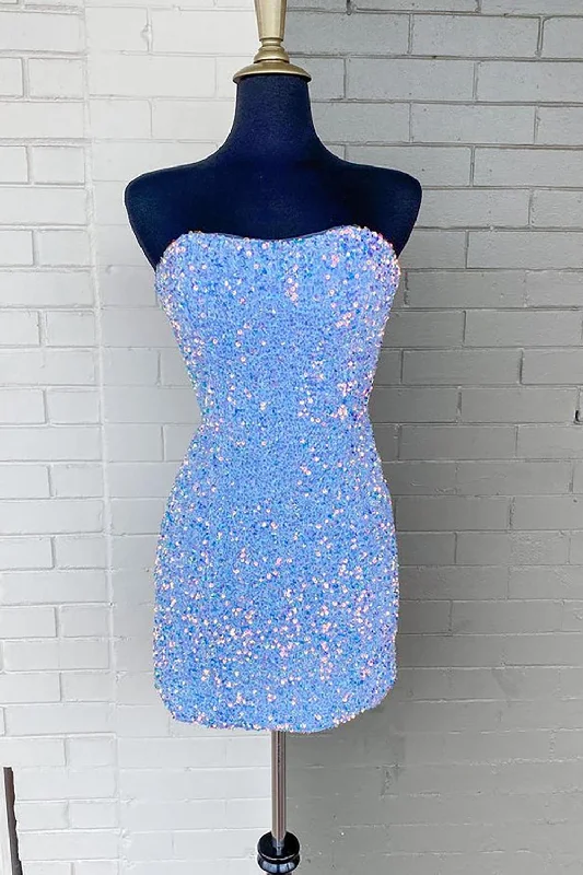 Sparkly Blue Strapless Sequins Short Homecoming Dresses Tunics Short Trendy