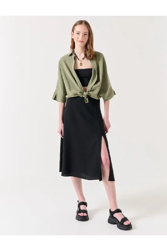 Black High Waist Slit Linen Midi Skirt chiffon skirt airy