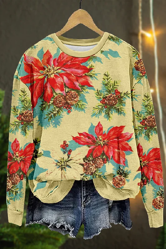 Cute Christmas Floral Print Sweatshirt Hoodie with Hood Adjustable Protection