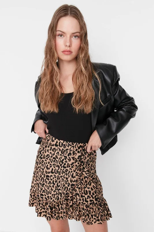 Brown Printed Ruffle High Waist Mini Stretch Knitted Skirt TWOSS21ET0010 a-line skirt cut