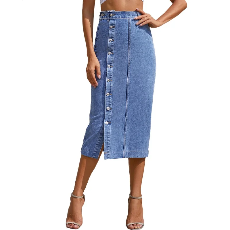 Side Button Denim A-line Midi Skirt (7 colors) leather skirt bold