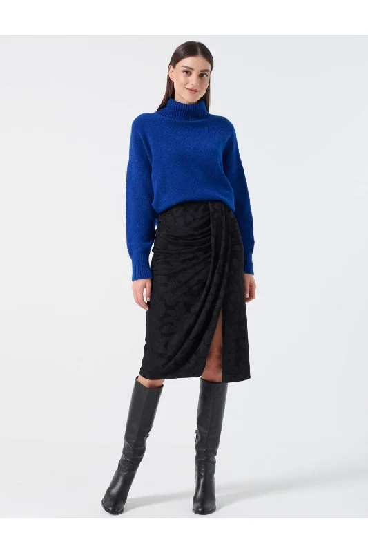 Black Straight Cut Normal Waist Floral Patterned Knitted Skirt silk skirt elegant
