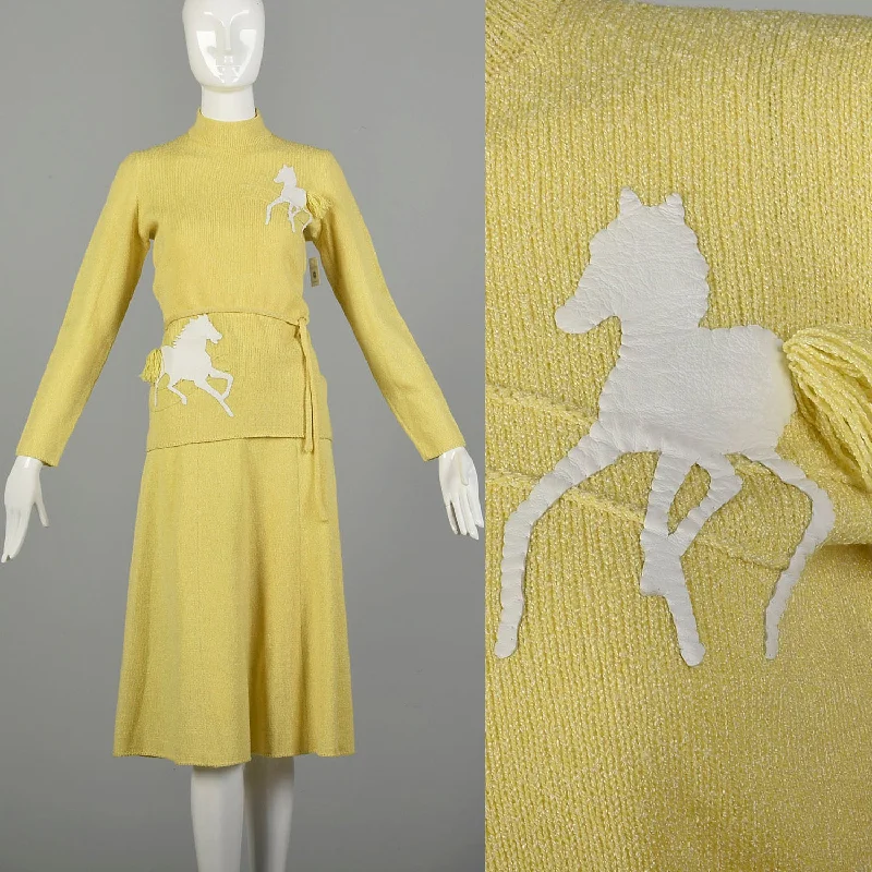 Small 1970s Novelty Horse Knit Outfit Long Sleeve Yellow Top Skirt Separates velvet skirt rich