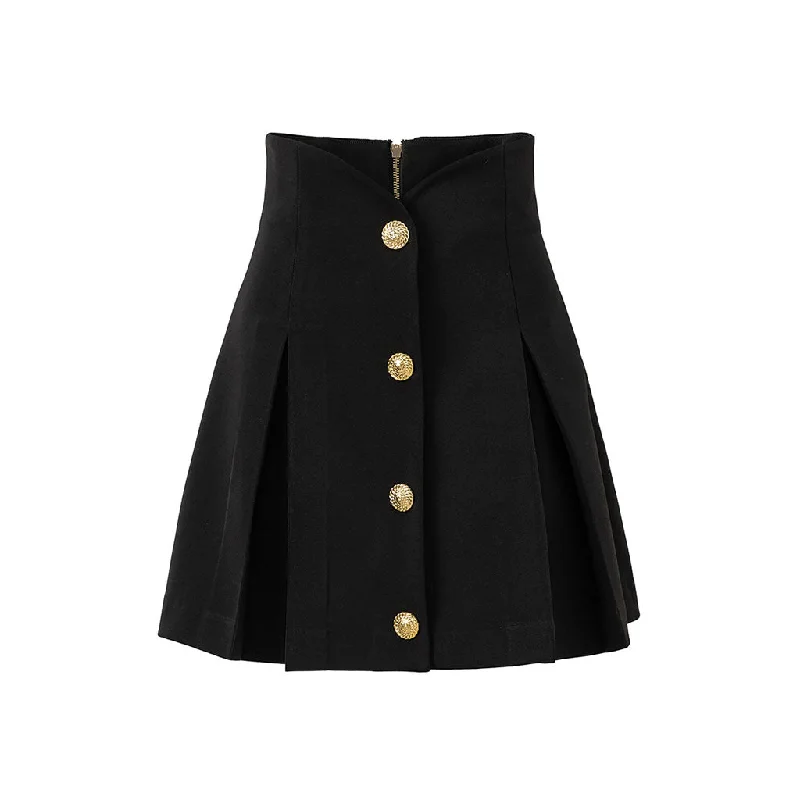 Minimalist High Waist Gold Button Trim Godet Paneled A Line Skater Mini Skirt summer skirt style