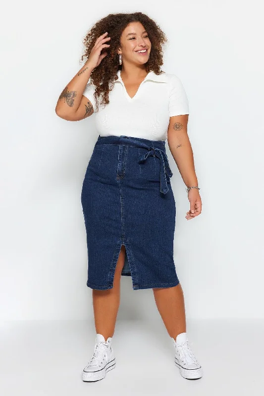 Dark Blue Belted High Waist Slit Straight Skirt TBBSS23AZ00017 high slit skirt