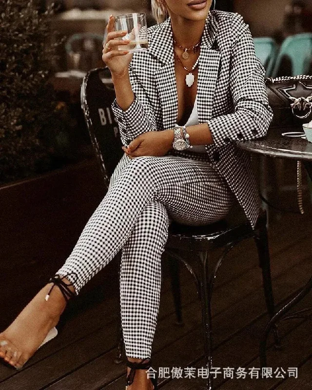 Women's Checked Slim Lapel Suit Set 2021 Spring Autumn Casual Elegant Office Lady Long Sleeve Jacket High Waist Trousers Sets Fleece Jacket Down Jacket Parka Women's Checked Slim Lapel Suit Set 2021 Spring Autumn Casual Elegant Office Lady Long Sleeve Jacket High Waist Trousers Sets Fleece Jacket Down Jacket Parka