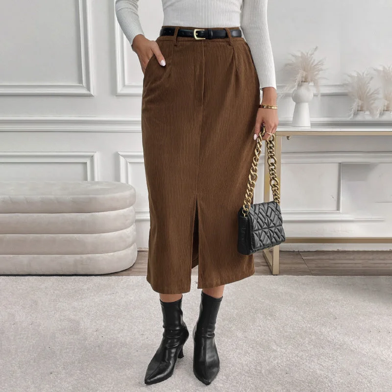 Coffee Brown Retro Temperament Split A-line Corduroy Midi Skirt lace skirt intricate