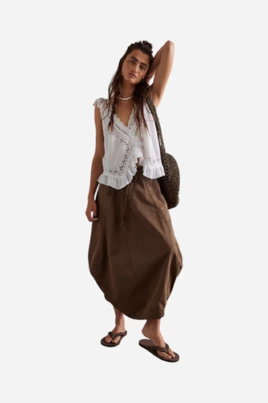 Free People Willow Poplin Midi Skirt in Chocolate velvet skirt luxury