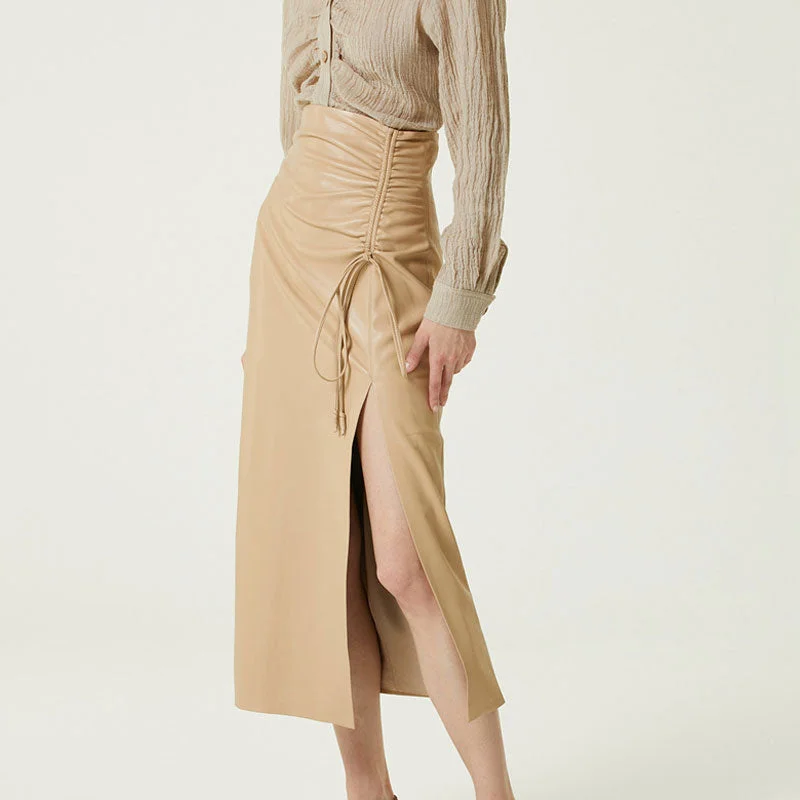 Sleek Drawstring Ruched High Waist Front Slit Vegan Leather Midi Skirt - Khaki chiffon skirt flowing