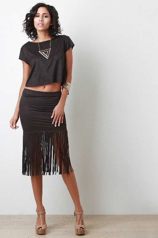 Suede Fringe Midi Skirt elastic waist skirt