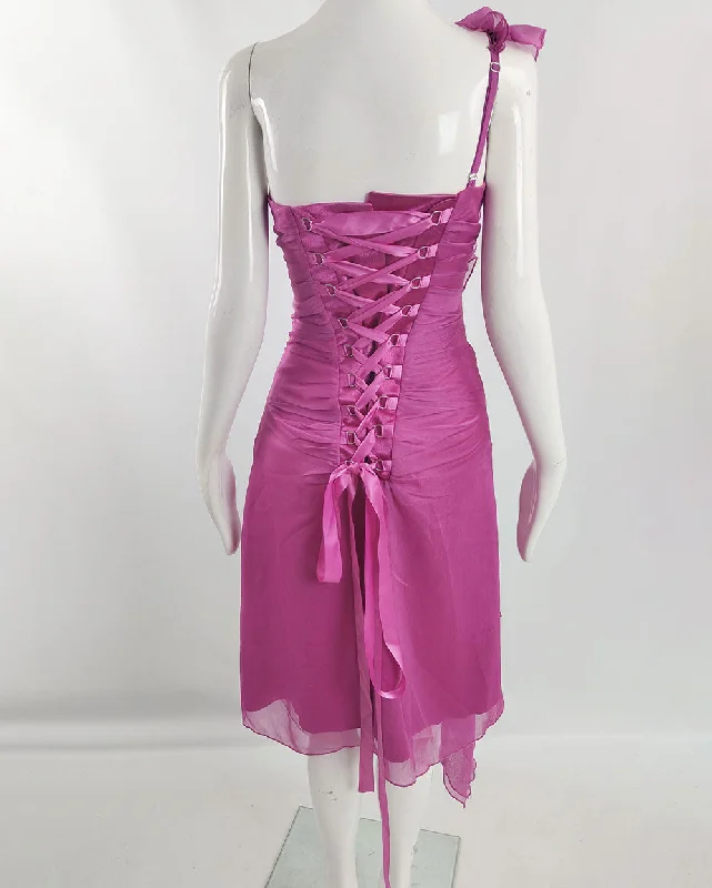 Charas Vintage y2k Fuchsia Pink Corset Back Dress, 2000s Halter Neckline Beach