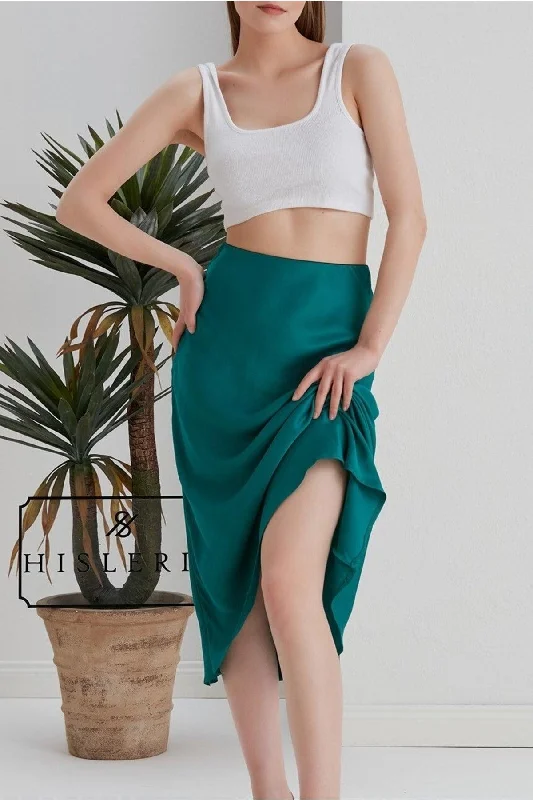 Verev Viscose Satin Fabric Emerald Green Midi Length Skirt corduroy skirt comfortable Verev Viscose Satin Fabric Emerald Green Midi Length Skirt corduroy skirt comfortable