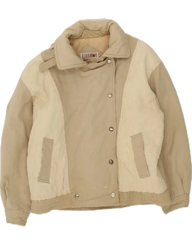 VINTAGE Womens Oversized Bomber Padded Jacket UK 14 Medium Beige Cotton V-Neck Jacket Boat Neck Jacket Square Neck Jacket