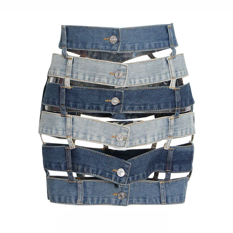 Edgy Button Down Mid Rise Strappy Belt Denim Mini Skirt - Blue tiered skirt playful