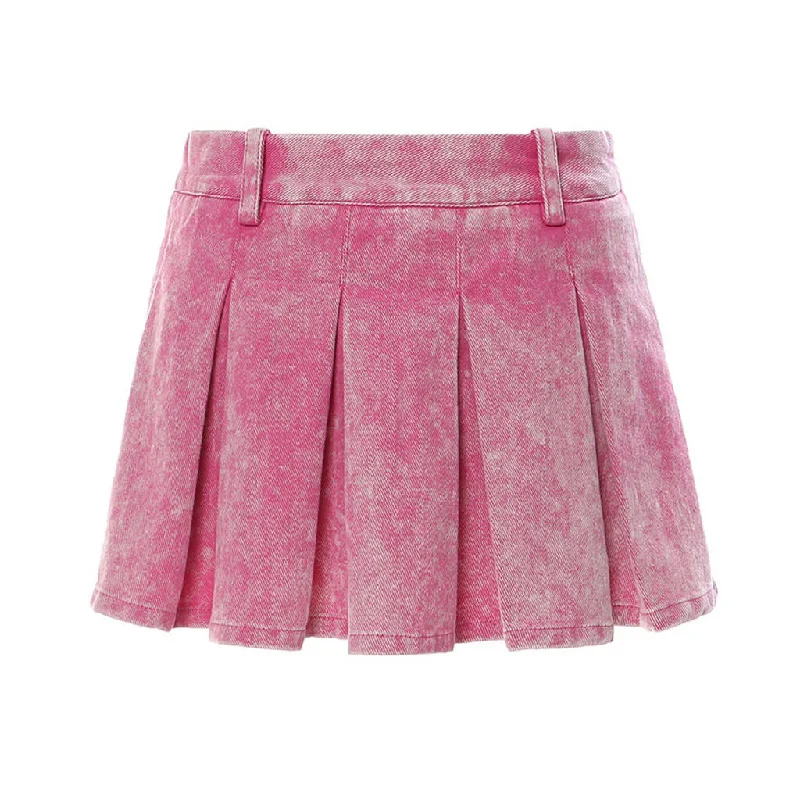 Preppy Pink Washed Low Rise Flared Pleated Denim Micro Mini Skirt linen skirt light