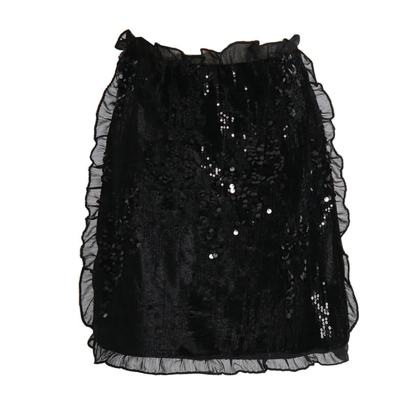 Shimmering Sequin Embellished Layered Ruffled Trim High Waist Mini Skirt ruffled skirt detail