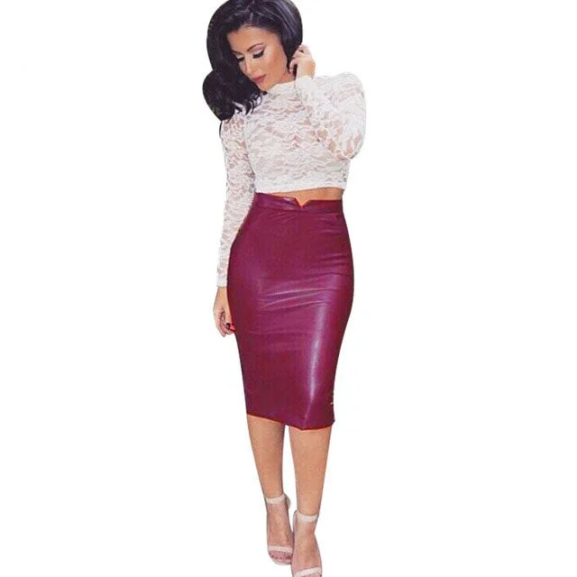 PU Leather High Waist Pencil Midi Skirt denim skirt fashionable