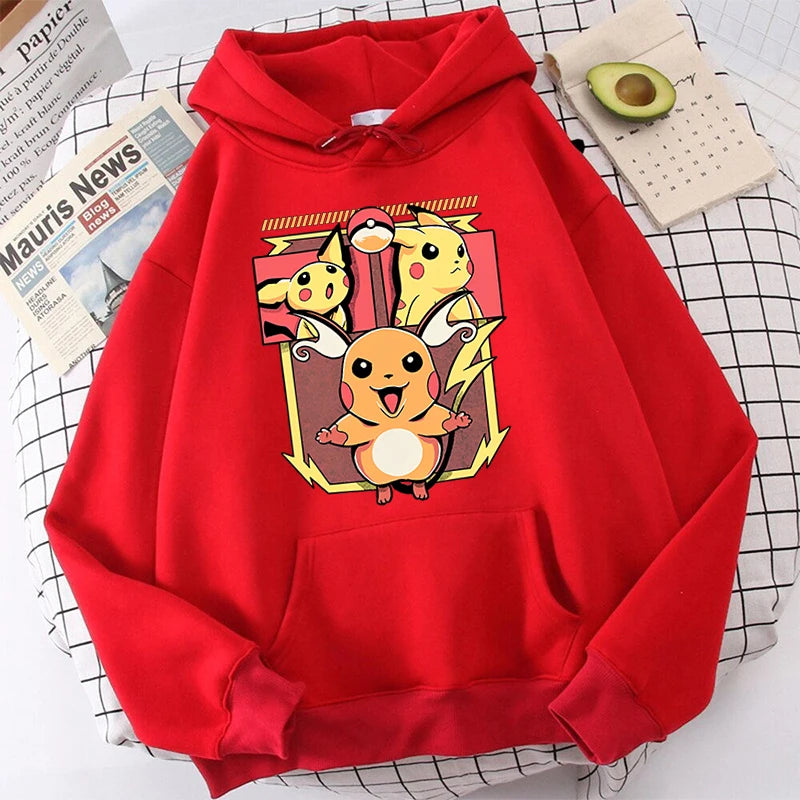 Pokémon Print Women's Plush Hoodie Red Sports Sweater Loose Top Stylish Fashionable Trendy Pokémon Print Women's Plush Hoodie Red Sports Sweater Loose Top Stylish Fashionable Trendy