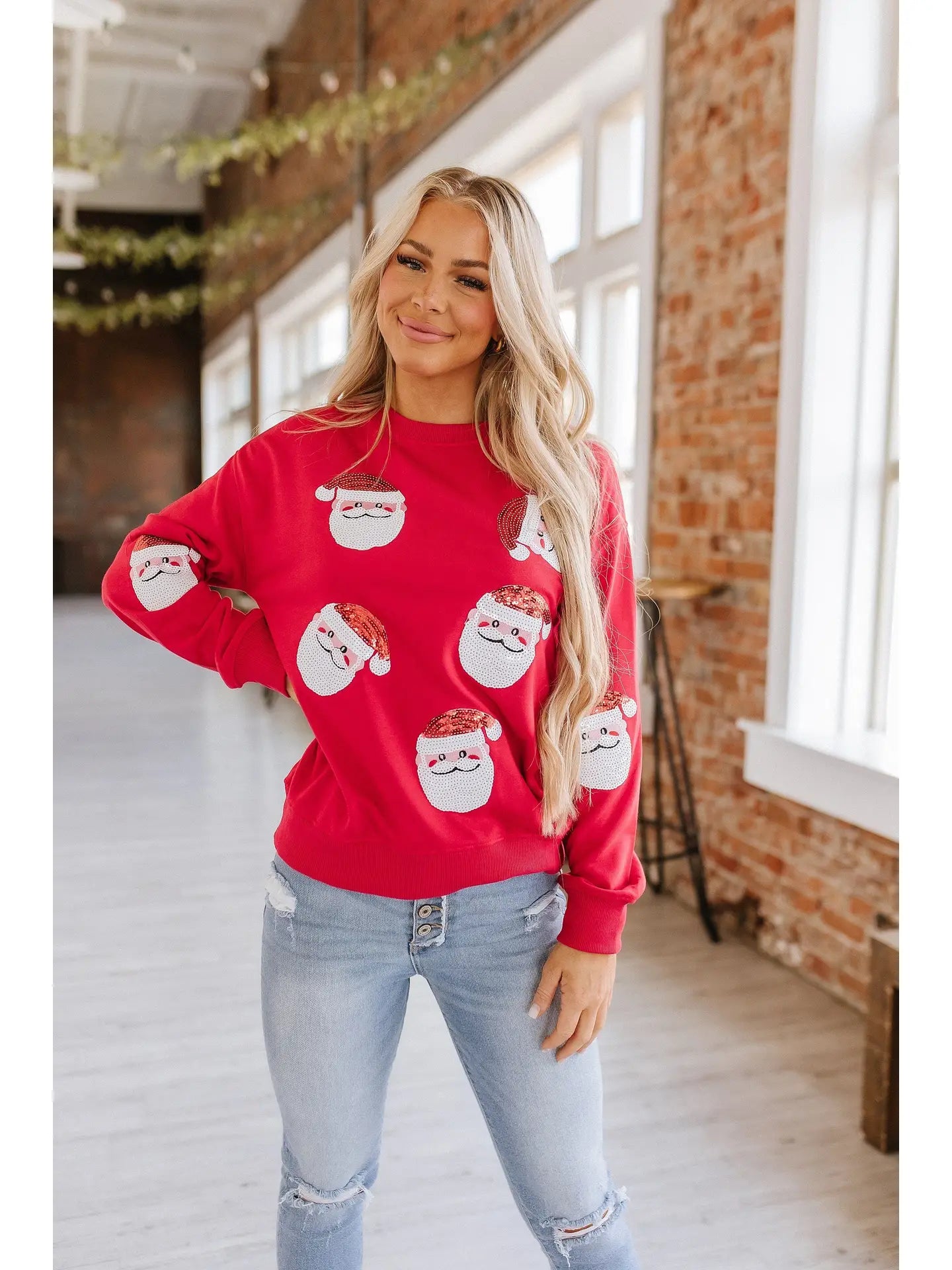 Red Sequin Santa Sweatshirt Hoodie with Emblem Brand Identity