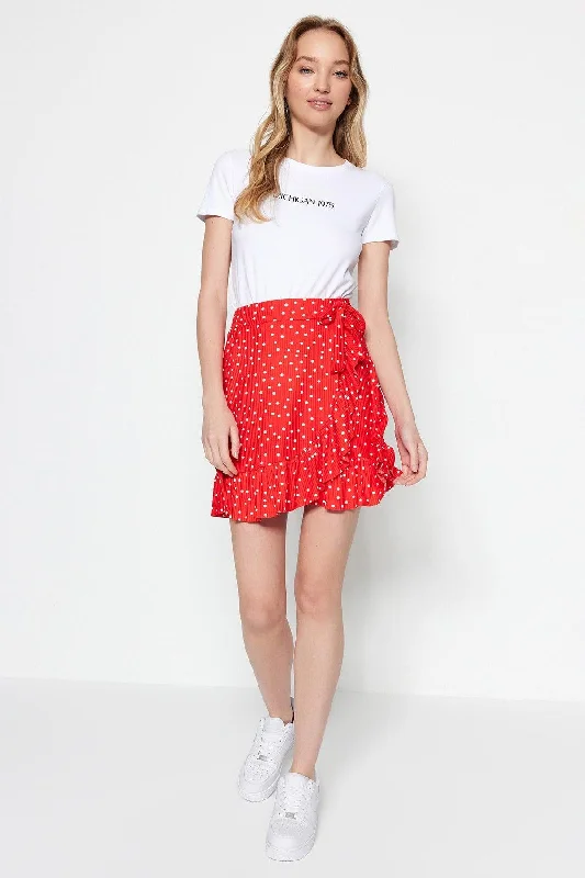 Pomegranate Flower Printed Ruffle High Waist Mini Stretch Knitted Skirt TWOSS21ET0010 cotton skirt soft