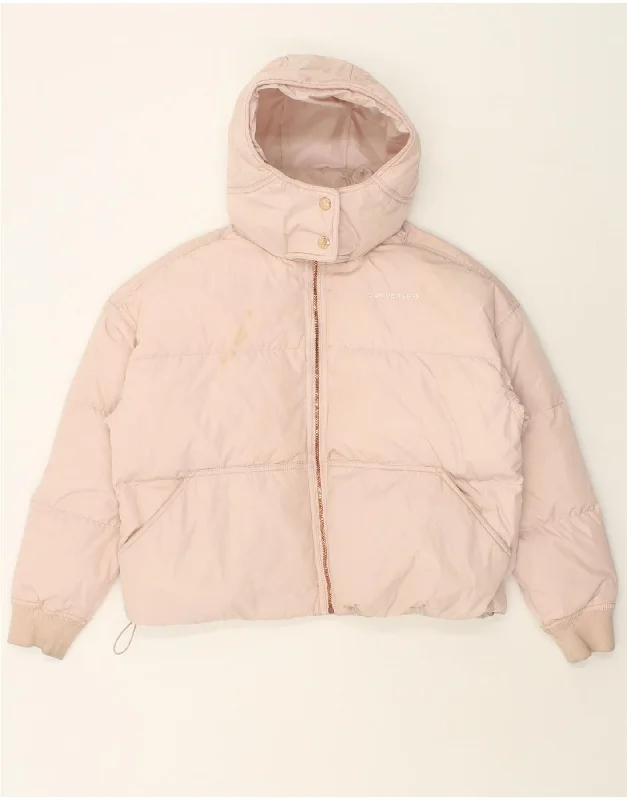 CONVERSE Womens Oversized Hooded Padded Jacket UK 10 Small Pink Polyester Fleece Jacket Down Jacket Feather Jacket