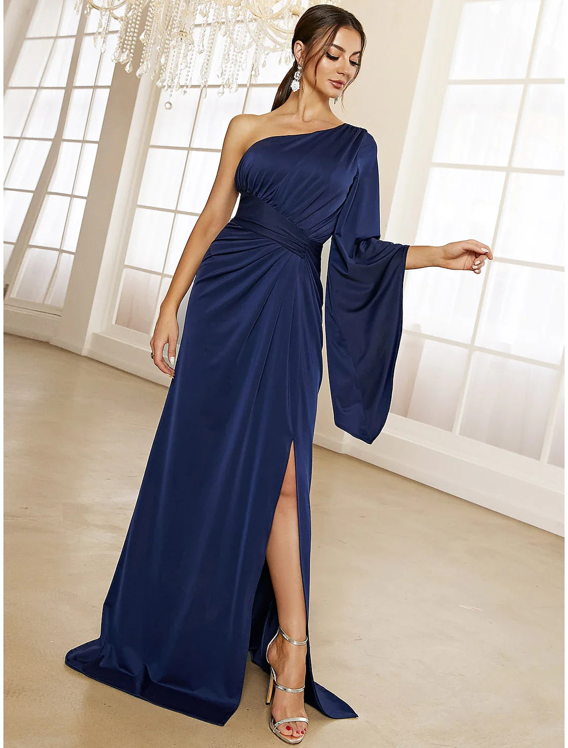 A-Line Evening Gown Elegant Dress Formal Fall Sweep / Brush Train Long Sleeve One Shoulder Stretch Fabric with Pleats Ruched Slit Tunics Stylish elegant