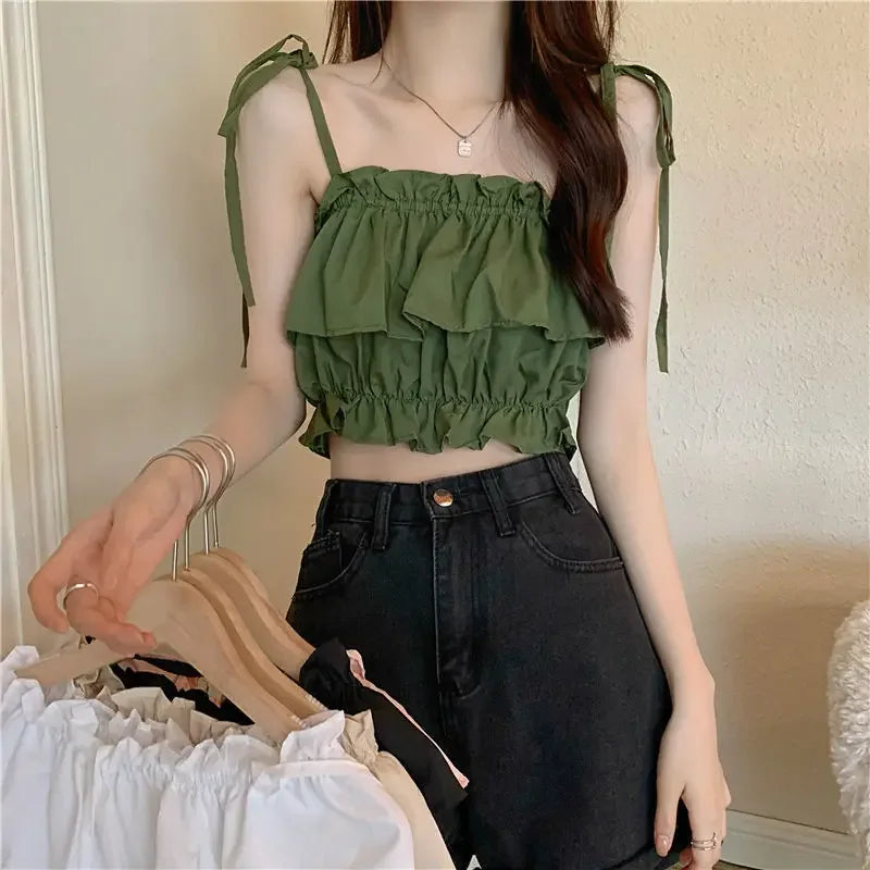 Women's 2023 New Summer Tank Top with Ruffle Edge Strap Top High Waist Sleeveless Bra and Open Umbilical Top long tank top Women's 2023 New Summer Tank Top with Ruffle Edge Strap Top High Waist Sleeveless Bra and Open Umbilical Top long tank top