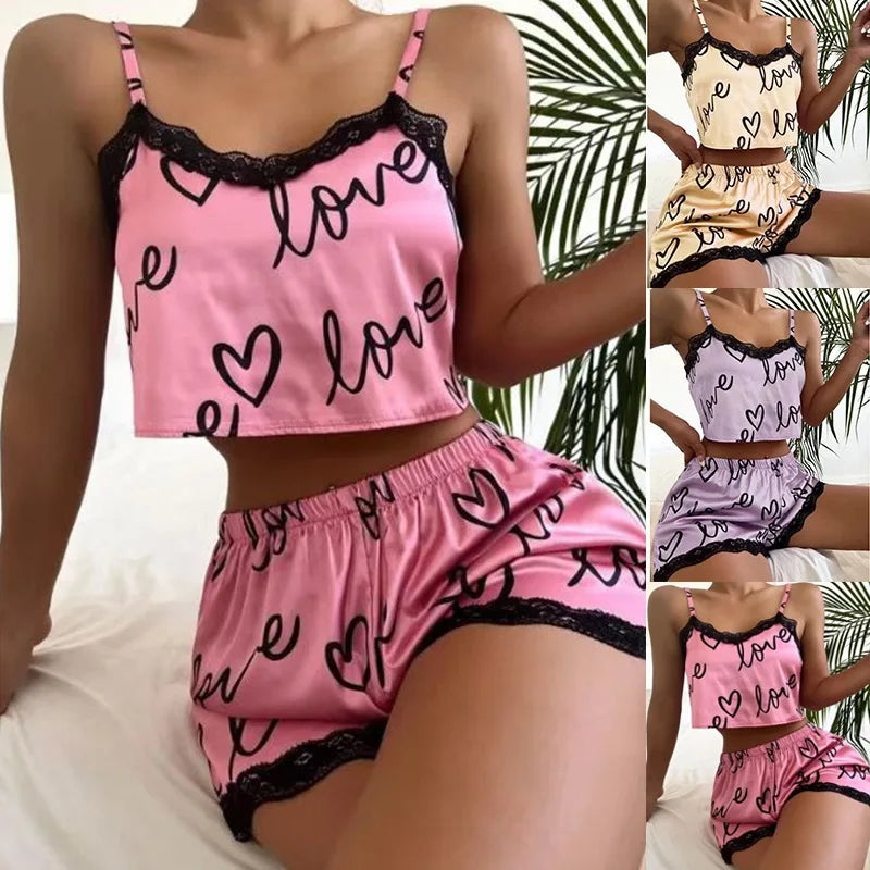 2 Pieces Set Women'S Pajama Shorts Suit Homewear Print Underwear Pijama Sexy Lingerie Camisoles Tanks Nighty Ladies Sleepwear strapless tank top 2 Pieces Set Women'S Pajama Shorts Suit Homewear Print Underwear Pijama Sexy Lingerie Camisoles Tanks Nighty Ladies Sleepwear strapless tank top