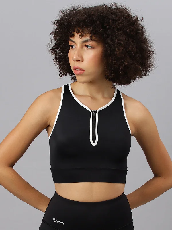 Fitkin women's black round neck sleeveless front zipper crop tank top v-neck tank top Fitkin women's black round neck sleeveless front zipper crop tank top v-neck tank top
