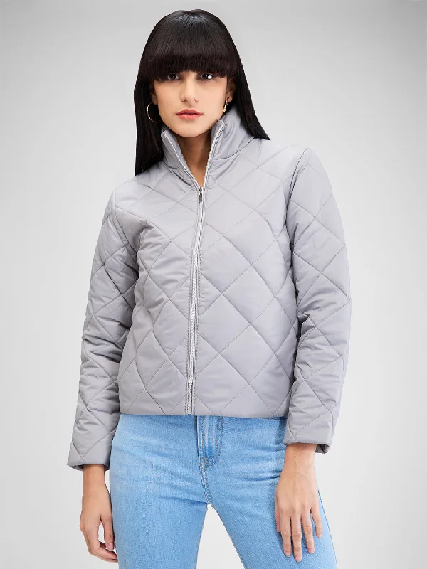 Spykar Gray Full Sleeves Solid Jacket For Women Fleece Jacket Down Jacket Feather Jacket