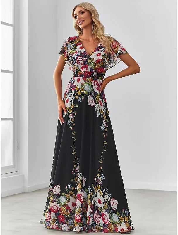 A-Line Evening Gown Floral Dress Birthday Floor Length Short Sleeve V Neck Chiffon with Pattern / Print Tunics Short Trendy