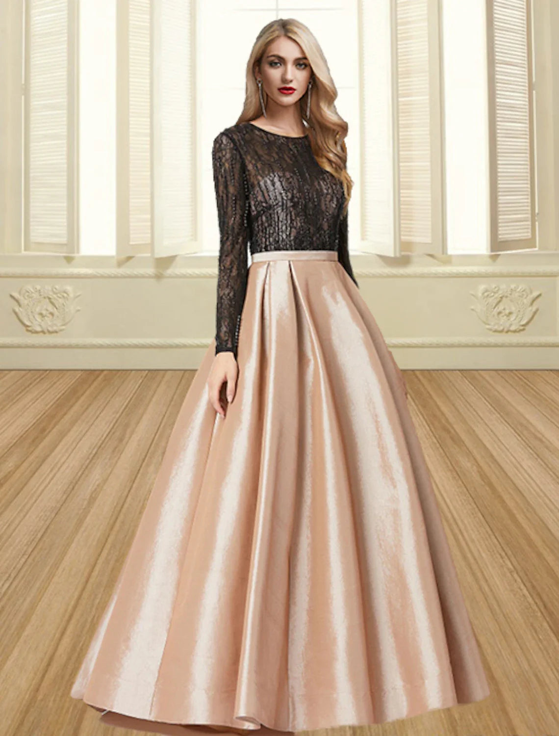 Ball Gown Evening Gown Color Block Dress Engagement Formal Evening Floor Length Long Sleeve Jewel Neck Satin with Pleats Tunics Prom sequined Ball Gown Evening Gown Color Block Dress Engagement Formal Evening Floor Length Long Sleeve Jewel Neck Satin with Pleats Tunics Prom sequined