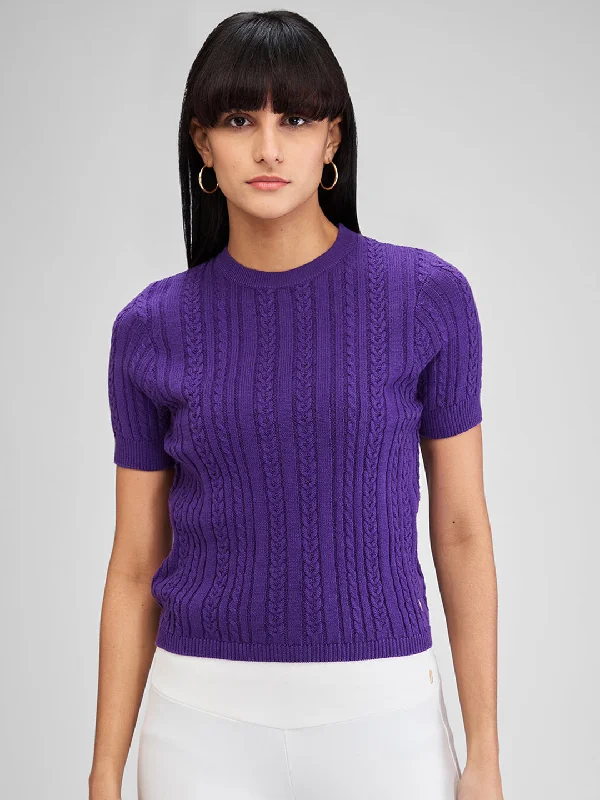 Spykar Purple Half Sleeves Regular Fit Solid Sweater For Women Mesh Blend Leather Blend Suede Blend Spykar Purple Half Sleeves Regular Fit Solid Sweater For Women Mesh Blend Leather Blend Suede Blend