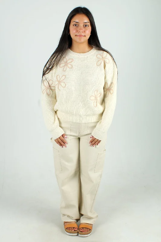 Flower Embroidered Lightweight Sweater Turtle Neck Boat Neck Asymmetrical Neck