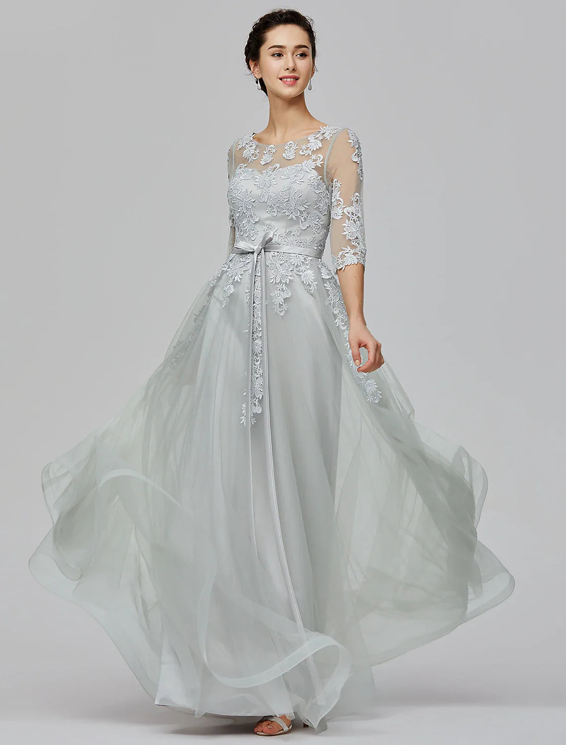 A-Line Empire Dress Wedding Guest Prom Floor Length Half Sleeve Illusion Neck Tulle with Bow(s) Appliques Tunics Stylish elegant A-Line Empire Dress Wedding Guest Prom Floor Length Half Sleeve Illusion Neck Tulle with Bow(s) Appliques Tunics Stylish elegant