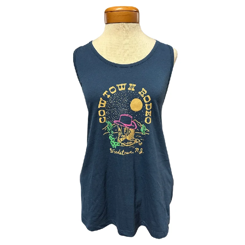 Cowtown Rodeo Deep Blue Neon Hat Cactus & Boots Paris Flowy Tank teal tank top